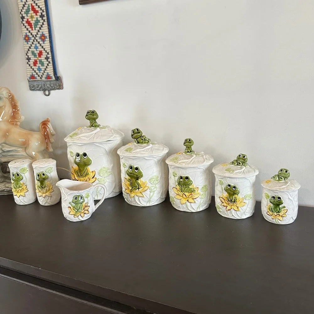 VTG Sears Roebuck Neil the Frog Ceramic Canister Set 8pc Creamer Salt Pepper MCM